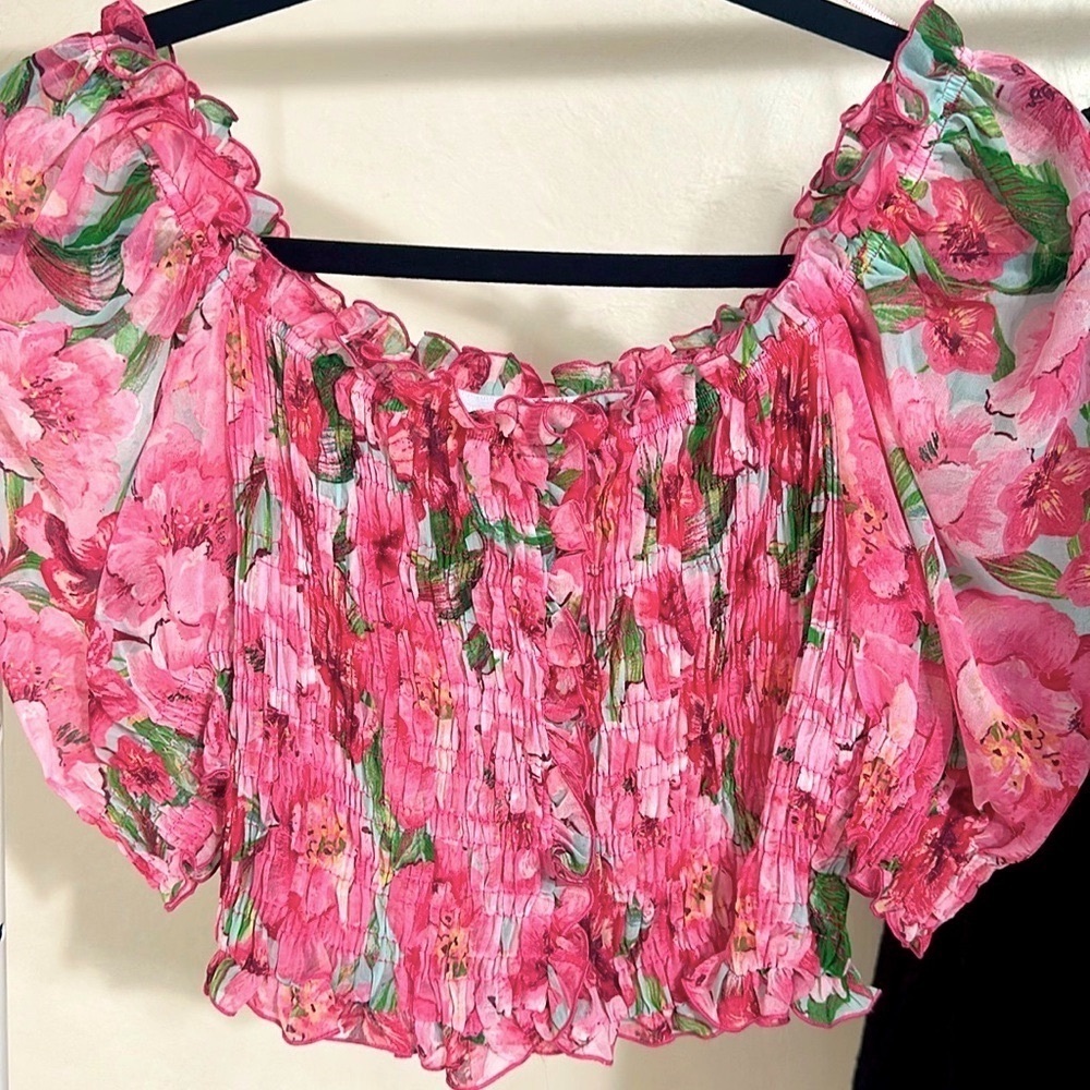 ZARA Ribbed Pink Floral Off The Shoulder Blouse